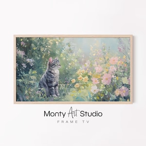Adorable Cat in Flower Garden – Pastel Oil Painting, Whimsical Feline Art, Samsung Frame TV Artwork, Charming Home Decor 2081
