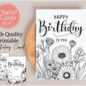 Afdrukbare verjaardagskaart met bloemenillustraties | Drie-in-één opvouwbare kaart | Digitale download | Blanco binnenkant | Bloemen zwart-wit