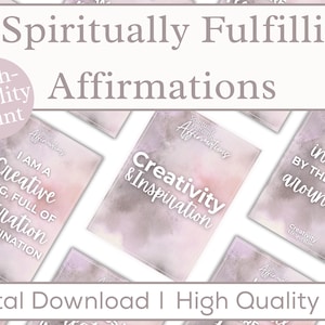 May include: A digital download of 31 printable affirmations for spiritual growth. The affirmations are written in white text on a watercolor background with shades of pink and gray. The text includes phrases like "I am a creative being, full of inspiration and imagination" and "I am inspired by the world around me".