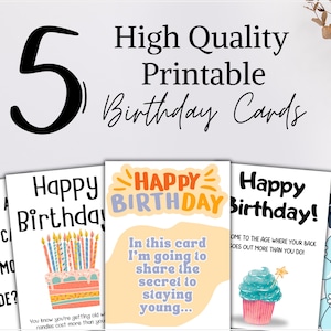 Paquete de tarjetas de cumpleaños divertidas para imprimir en casa / Tarjetas plegables con interior en blanco / Tarjetas de felicitación de 4x6 y 5x7 / Tarjetas únicas / PDF / PNG