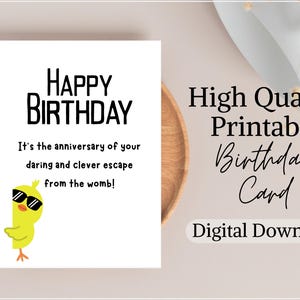 Cartão de aniversário para impressão - Feliz dia de escapar do útero, download digital, cartão dobrável, interior em branco, formatos PDF e PNG, cartão para impressão em casa