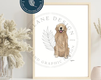 May include: A digital illustration of a golden retriever dog sitting with a happy expression. The dog is surrounded by a gray and white leaf design. The image is framed in a light wood frame and has the text "DELANE DESIGN SINCE 2014 ART AND GRAPHIC DESIGN" in a blue circle at the top and "DELANE DESIGN SINCE 2024 AND GRAPHIC DESIGN" in a gray circle at the bottom.