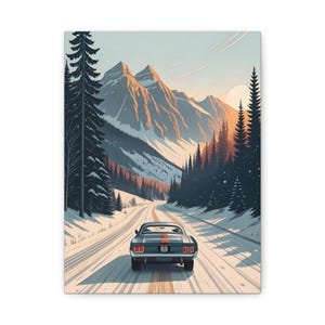 May include: A blue classic car drives down a snowy road through a mountain pass. The road is lined with evergreen trees and the mountains are covered in snow. The sun is setting in the distance, casting a warm glow on the scene.