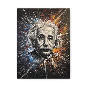 May include: A black and white portrait of Albert Einstein with a colorful abstract background. The background features splashes of blue, red, yellow, and white paint.