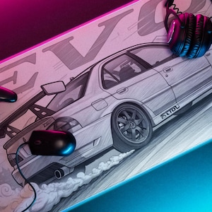 May include: A black and white drawing of a silver car with a black spoiler and black wheels. The car is on a gray background with a white cloud of smoke behind it. The car has the word "STiOU" written on the side. There are two black controllers and a black mouse on the surface of the drawing.