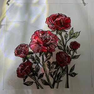 Red Rose Stained Glass Pane – Handmade Floral Suncatcher –  Window Hanging – Painted Glass Art, Red Rose Window Panel, Botanical Home Decor