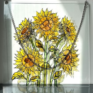 Sunflower Stained Glass Panel – Handmade Botanical Window Suncatcher, Painted Glass Art for Wall & Window Decor, Sunlight Catcher Gift