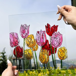 Tulip Stained Glass Suncatcher – Hand-Painted Floral Window Panel, Spring Glass Art Gift, Colorful Flower Hanging for Home Decor