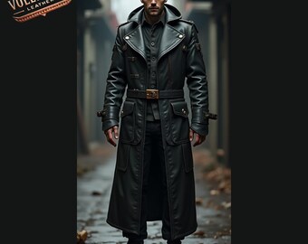 Handmade Real Leather Coat, Men’s Gothic Leather Jacket, Steampunk Trench Coat, Military Style Hooded Jacket, , Vintage Biker Jacket