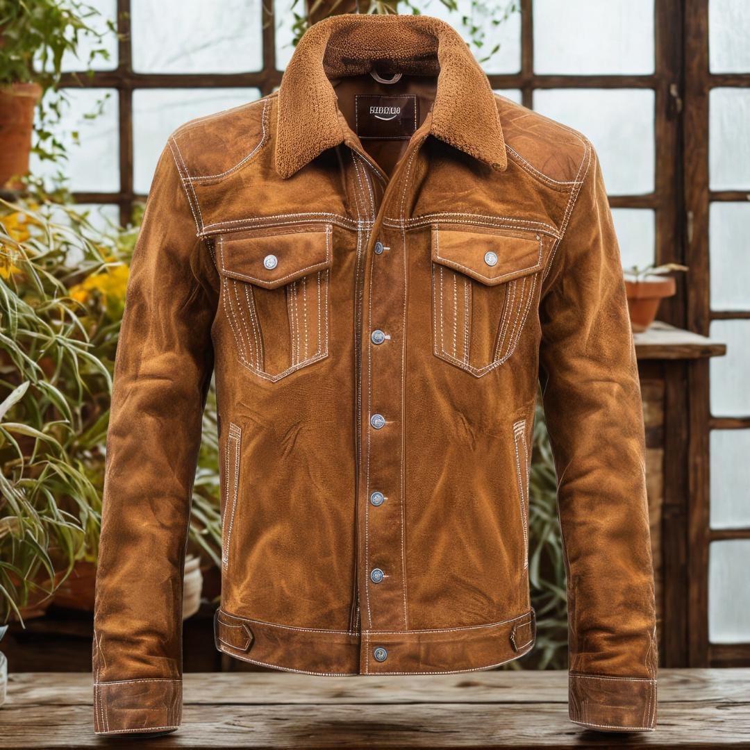 Mustard Suede Jacket Men | Vintage Western Shearling Coat | Rustic Fall Outerwear | Cowboy Style Button Jacket | Handmade Retro Gift