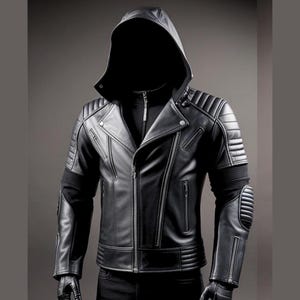 Men’s Black Leather Biker Jacket | Hooded Motorcycle Jacket | Gothic Moto Fashion | Stylish Leather Coat for Men | Volentero Leather