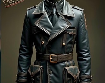 Men’s Vintage Leather Jacket, Handmade Real Leather Coat, Military Style Trench Jacket, Gothic Steampunk Belted Coat, Winter Outerwear