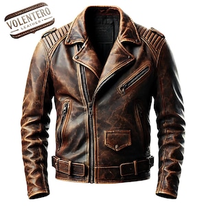 Men&#39;s Distressed Brown Leather Biker Jacket – Vintage Motorcycle Cafe Racer Style – Handmade Genuine Leather Coat Retro Moto Jacket for Men