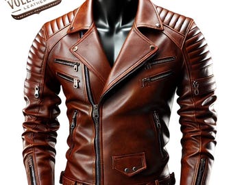 Handcrafted Men's Biker Leather Jacket in Brown - Slim Fit, Asymmetrical Zipper, Quilted Shoulders, Vintage Moto Coat, Handmade Fashion