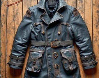 Men’s Vintage Leather Jacket, Handmade Real Leather Coat, Military Style Trench Jacket, Gothic Steampunk Belted Coat, Winter Outerwear