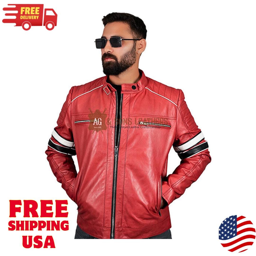 Men's Red Leather Biker Jacket Cafe Racer Motorcycle Jacket Genuine — free download