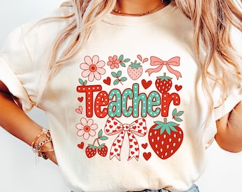 Preppy Teacher Strawberry png, Söt Strawberry Floral Teacher png, Preppy Teacher png, Floral Coquette Teacher png.