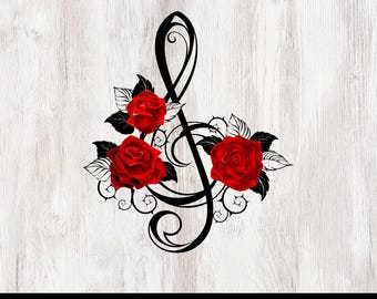 Musiknot svg, musiknot med ros svg, musiknot clipart, musik png, silhuett svg.