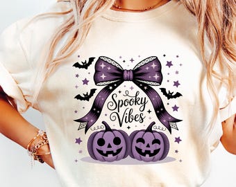 Spooky Vibes png, Dynia png, Upiorny sezon png, Kokardka png, Preppy Halloween png.
