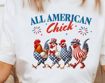 All American Chick Png, Patriotyczny amerykański kurczak Png, Retro amerykański Png, Chicken Lady Png, 4 lipca kurczak.