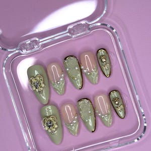 Golden Sage Nails/ Press on nails/ Handmade Press Ons/ Floral Press On Nails/ Long Almond Nails