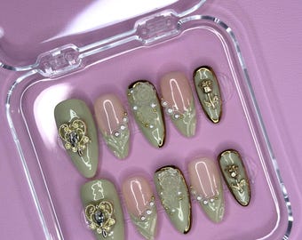 Golden Sage Nails/ Press on nails/ Handmade Press Ons/ Floral Press On Nails/ Long Almond Nails