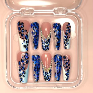 Blue Panthera Nails/ Press On Nails/ Handmade Press Ons/ Long Coffin Nails