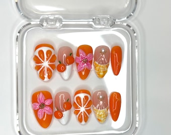 Orange Cutie Nails/Press On Nails/Medium Almond Nails/Summer Nails/Orange Nails
