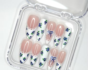 Blueberry Lace Nails/ Press On Nails/ Handmade Press Ons/ Long Almond Nails