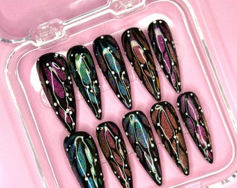 Butterfly Mirage Nails/ Press On Nails/ Handmade Press Ons/ Cat Eye Nails/ Long Stiletto Nails