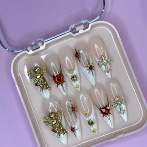 Heavenly Elegance/ Press on nails/ Handmade Press Ons/ Holy Press On Nails/ Long Stiletto Nails