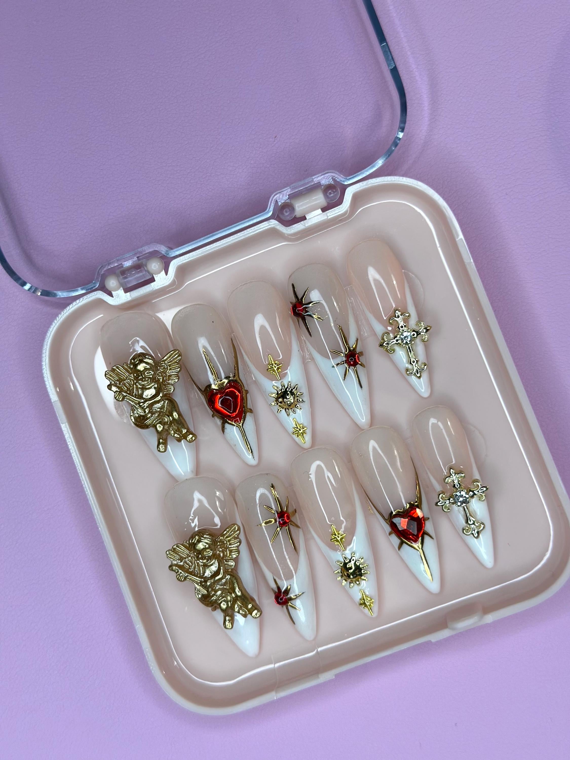 Heavenly Elegance/ Press on nails/ Handmade Press Ons/ Holy Press On Nails/ Long Stiletto Nails