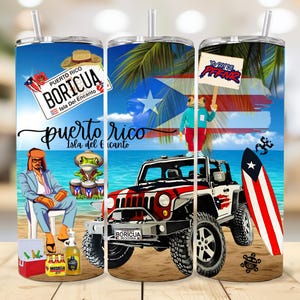 May include: A set of three stainless steel tumblers with a Puerto Rican theme. The tumblers feature a jeep, a surfboard, a frog, a man in a suit, and a license plate that says "Puerto Rico Boricua Isla Del Encanto".