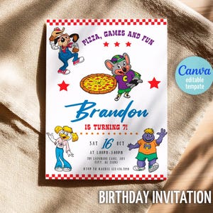 May include: A birthday invitation for a child turning 7. The invitation features a red, white, and blue color scheme with a pizza, a cartoon dog, a cartoon bird, and a cartoon mouse. The text on the invitation reads "Pizza, Games and Fun" and "Brandon is turning 7!"