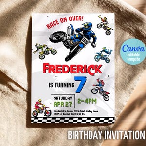 May include: Birthday invitation featuring a motocross theme. The invitation includes the name "Frederick", the number "7", and the date "APR 27". The design incorporates illustrations of motorcycles and the text "RACE ON OVER!" and "BIRTHDAY INVITATION".