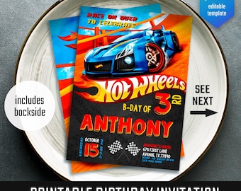 Hot Wheels Car Birthday Invitation, Racing Party (Printable Editable Evite)