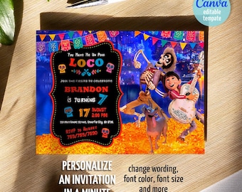 Coco Birthday Invitation, Día de los Muertos Party Invite (Editable Canva Template)