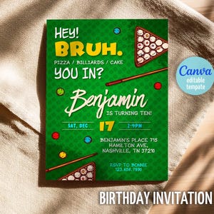 Convite de aniversário para impressão Bruh, convite de aniversário de menino de bilhar, aniversário de adolescente, modelo de convite Bruh It's My Birthday, festa de adolescentes, mano