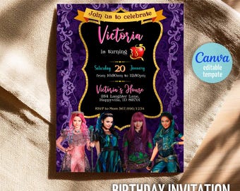 Descendants Invitation, Printable Editable Descendants Birthday Invite, Descendants Party Invitation Digital template, teens birthday party
