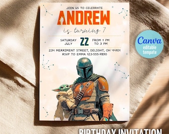 Invitación de cumpleaños imprimible para niño y niña, invitación de cumpleaños mandaloriana, invitación editable, descarga instantánea, fiesta de cumpleaños de Star Wars
