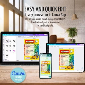 May include: A laptop, tablet, and phone display a colorful birthday party invitation template. The invitation features a construction theme with a yellow and green color scheme. Text on the invitation reads "Andrew is having a party". The Canva logo is visible.