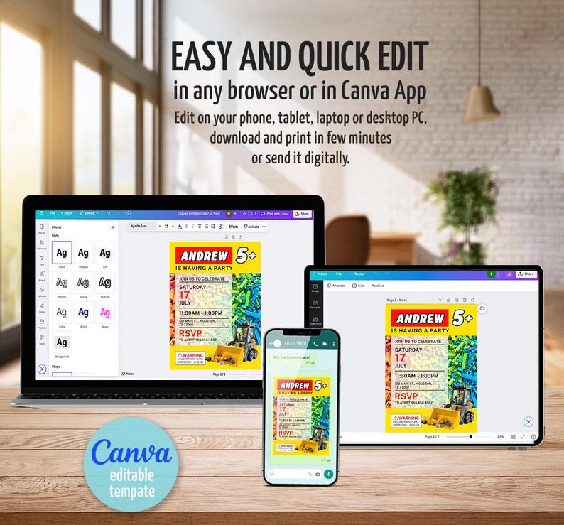 May include: A laptop, tablet, and phone display a colorful birthday party invitation template. The invitation features a construction theme with a yellow and green color scheme. Text on the invitation reads "Andrew is having a party". The Canva logo is visible.
