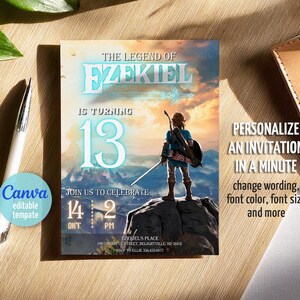Puede incluir: Una invitaci&oacute;n de cumplea&ntilde;os con el texto "The Legend of Ezekiel is turning 13." El dise&ntilde;o presenta un personaje con una espada y un escudo en una monta&ntilde;a, con el logotipo de Canva e instrucciones para personalizar la invitaci&oacute;n.