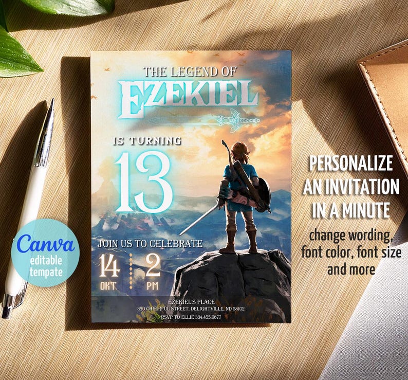 Puede incluir: Una invitaci&oacute;n de cumplea&ntilde;os con el texto "The Legend of Ezekiel is turning 13." El dise&ntilde;o presenta un personaje con una espada y un escudo en una monta&ntilde;a, con el logotipo de Canva e instrucciones para personalizar la invitaci&oacute;n.