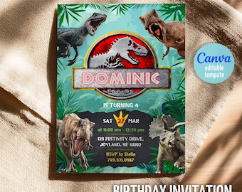 Dinosaur Birthday Invitation, T-Rex Party, Canva Editable Template (Digital Download)