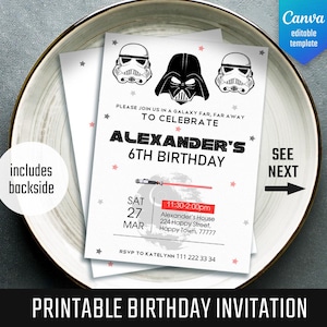 Könnte beinhalten: Eine weiße, druckbare Geburtstagseinladung mit Star Wars-Motiv. Die Einladung zeigt Illustrationen von Sturmtruppen und Darth Vader sowie den Text "Alexander's 6th Birthday". Enthält Veranstaltungsdetails und RSVP-Informationen.