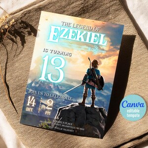 Puede incluir: Una invitaci&oacute;n de cumplea&ntilde;os con el texto "The Legend of Ezekiel is Turning 13". La invitaci&oacute;n presenta un personaje con una espada de pie sobre una roca, con un fondo de monta&ntilde;a y puesta de sol. La fecha y la hora tambi&eacute;n est&aacute;n incluidas.