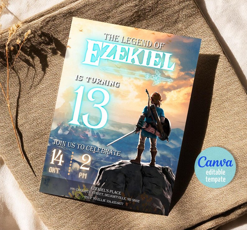 Puede incluir: Una invitaci&oacute;n de cumplea&ntilde;os con el texto "The Legend of Ezekiel is Turning 13". La invitaci&oacute;n presenta un personaje con una espada de pie sobre una roca, con un fondo de monta&ntilde;a y puesta de sol. La fecha y la hora tambi&eacute;n est&aacute;n incluidas.