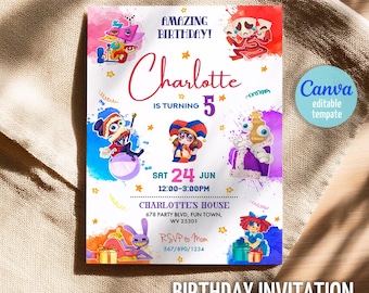Increíble invitación digital de cumpleaños con temática de circo, invitación a la fiesta de Pomni Jax, plantilla para fiesta infantil con confeti de pizarra.