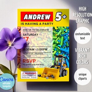 May include: A yellow birthday party invitation with the name "Andrew" in red block letters. The invitation includes the date, time, and location, along with a toy construction vehicle graphic. A purple flower is in the foreground.